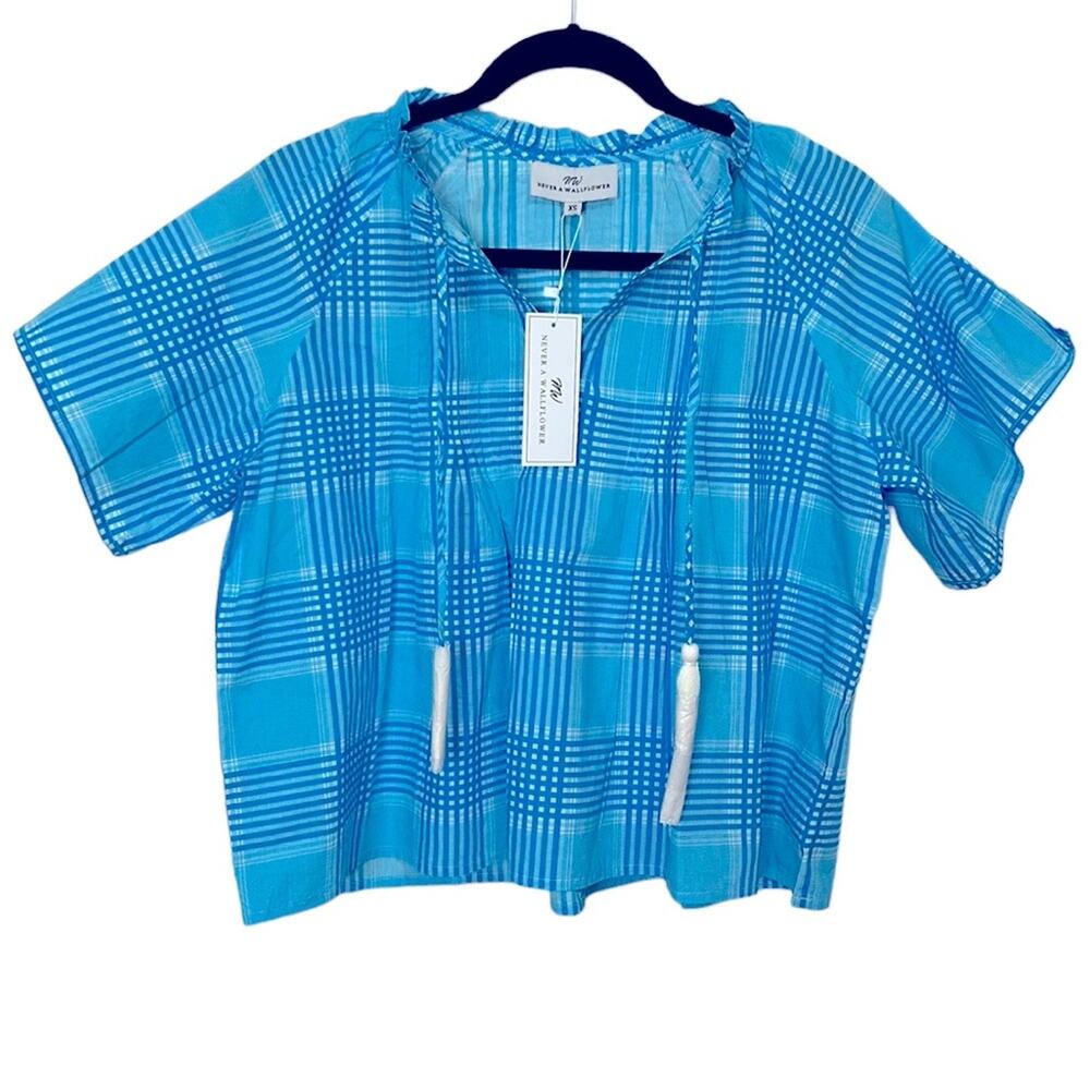 NWT Never A Wallflower Blue Plaid High neck tassel top women’s size XS